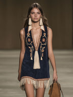Western Retro Faux Suede Bohemian Style Embroidered Tassel Sleeveless Mini Dress
