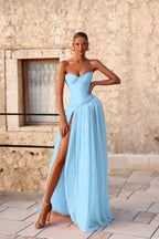 Cocoslly Strapless Sleeveless High Waist Long Prom Dress With Deep Split And Pleated | Pink Chiffon YC0472