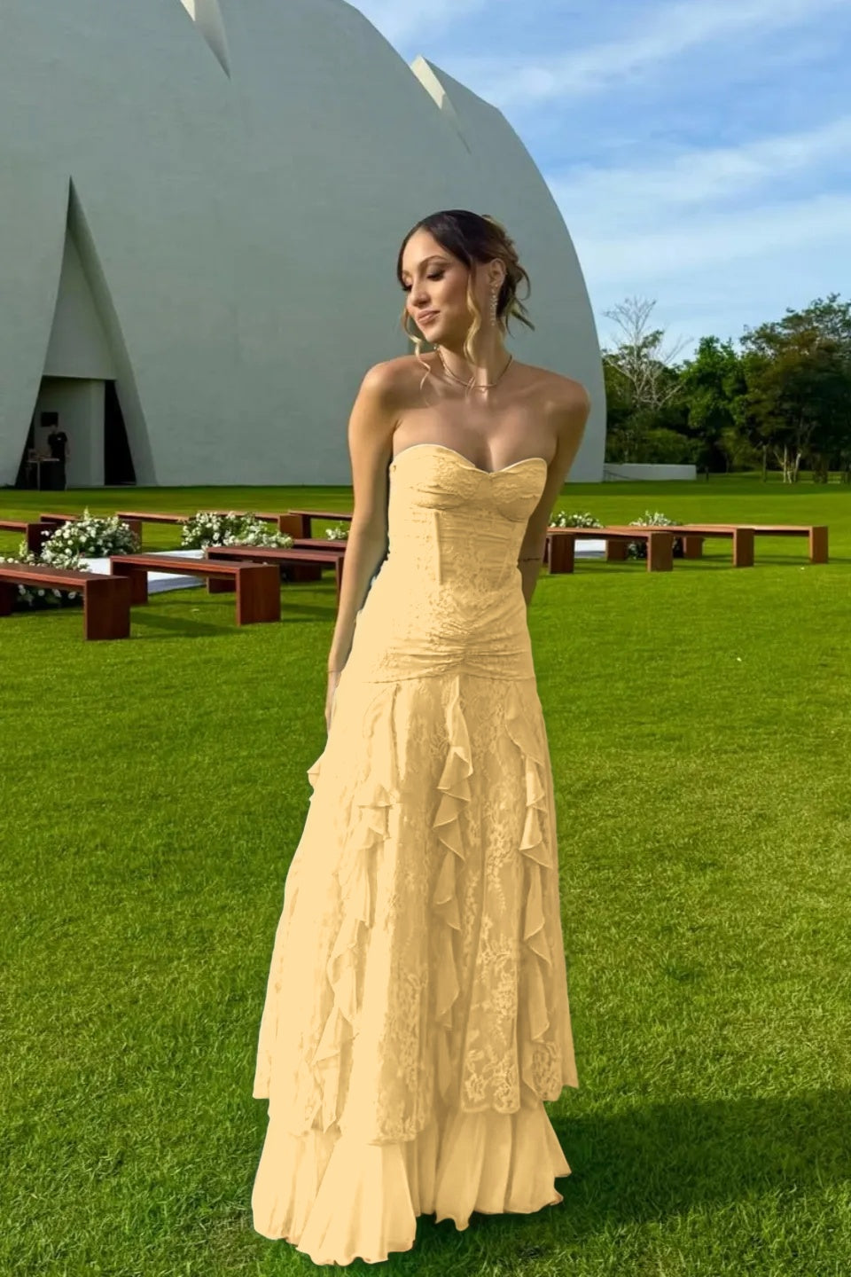 Cocoslly Strapless Sweetheart Sleeveless High Waist Long Prom Dress With Ruffles | Mint Green Chiffon YC0477
