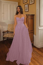 Cocoslly Sweetheart Strapless Sleeveless High-Waisted Long A-Line Pleated Prom Dress | Ivory Chiffon ZA0311