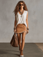 Western Retro Frayed Camel Denim Mini Skirt And Shorts