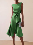 Red Asymmetric Ruffled Classic Boat Neck Sleeveless Midi Elegant A-line Dress with Waist Twist for Day-to-Night