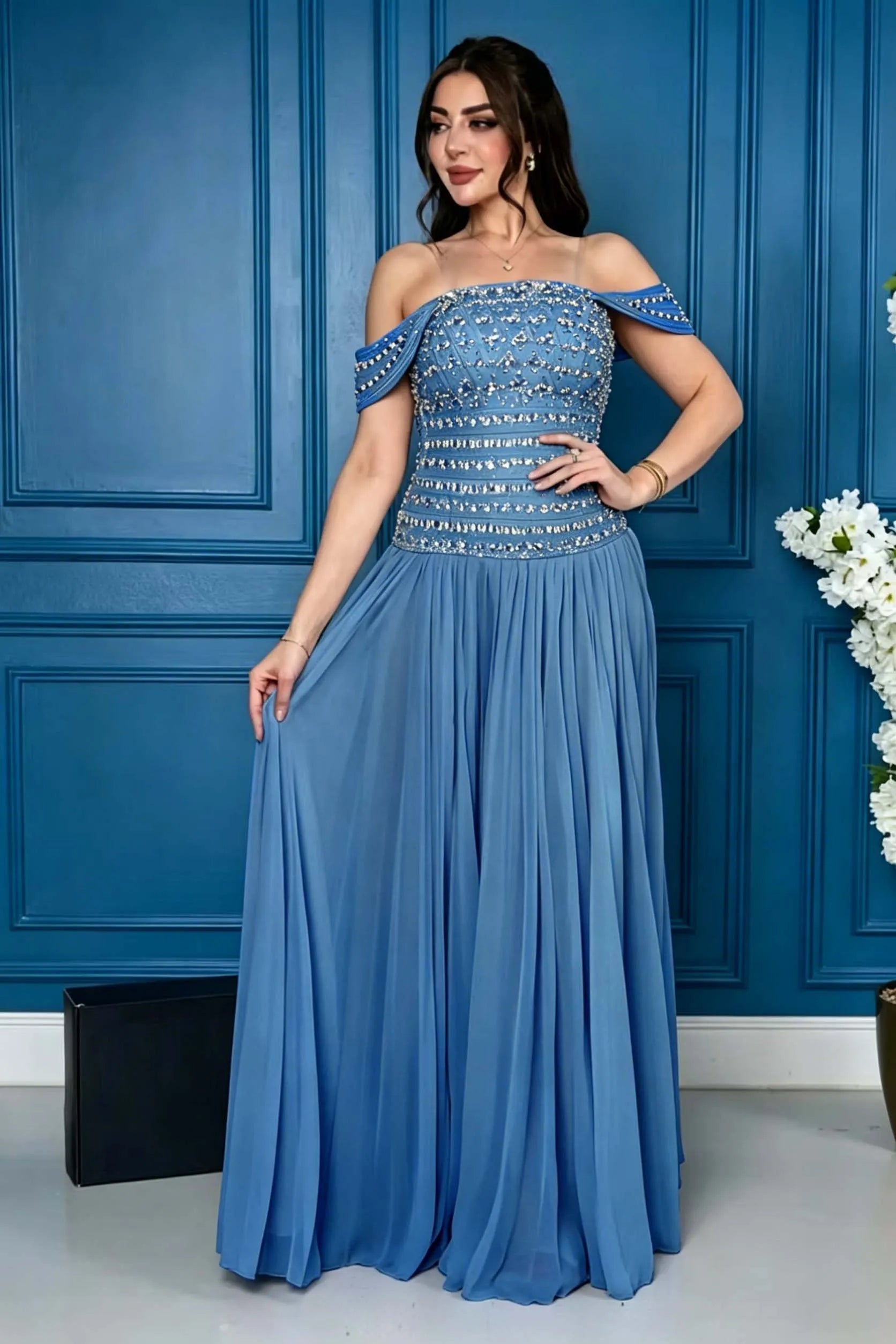 Cocoslly Off-The-Shoulder Sleeveless High Waist Long Prom Dress With Rhinstone | Champage Chiffon LR0566