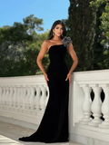 Satin One Shoulder Strapless Sleeveless Long Mermaid Prom Dress With Beadings And Flower YK0640