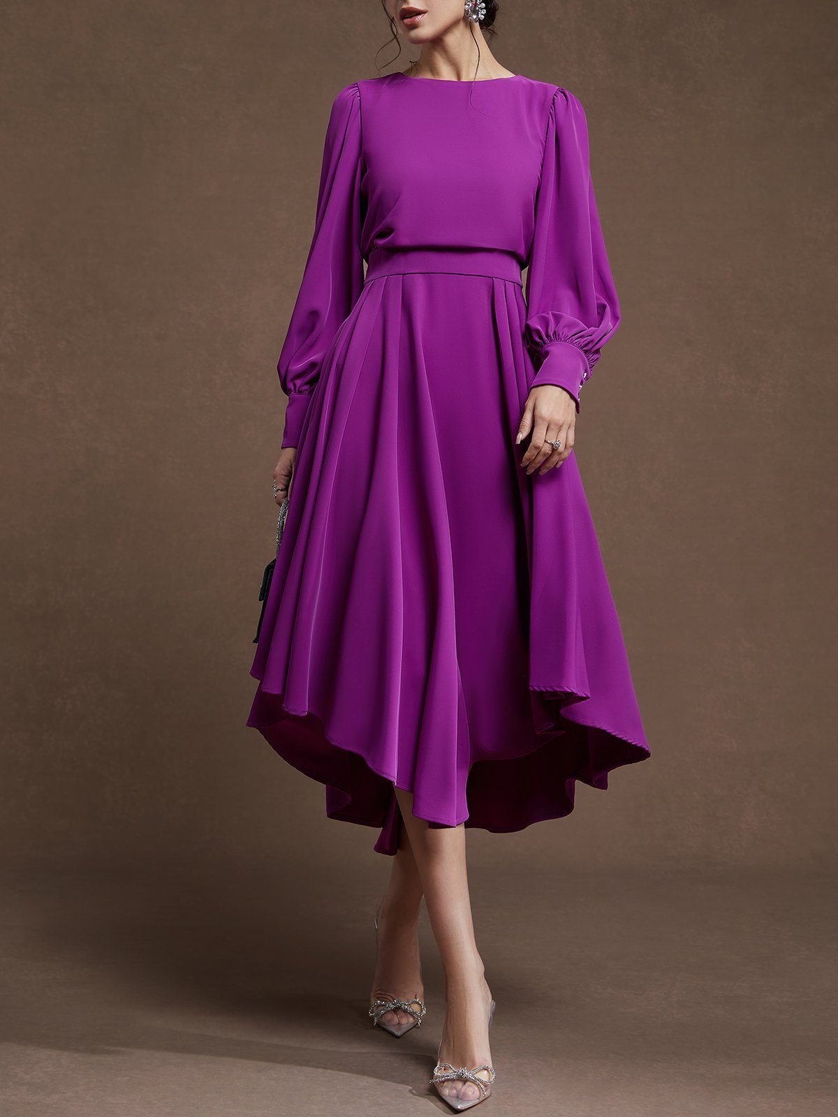 Rose Red Asymmetric Boat Neck Long Balloon Sleeve A-Line Midi Dress