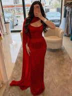 Cocoslly Strapless Sleeveless High Waist Long Prom Dress With Shawl And Rhinstone | Dusty Sage Satin YK1255