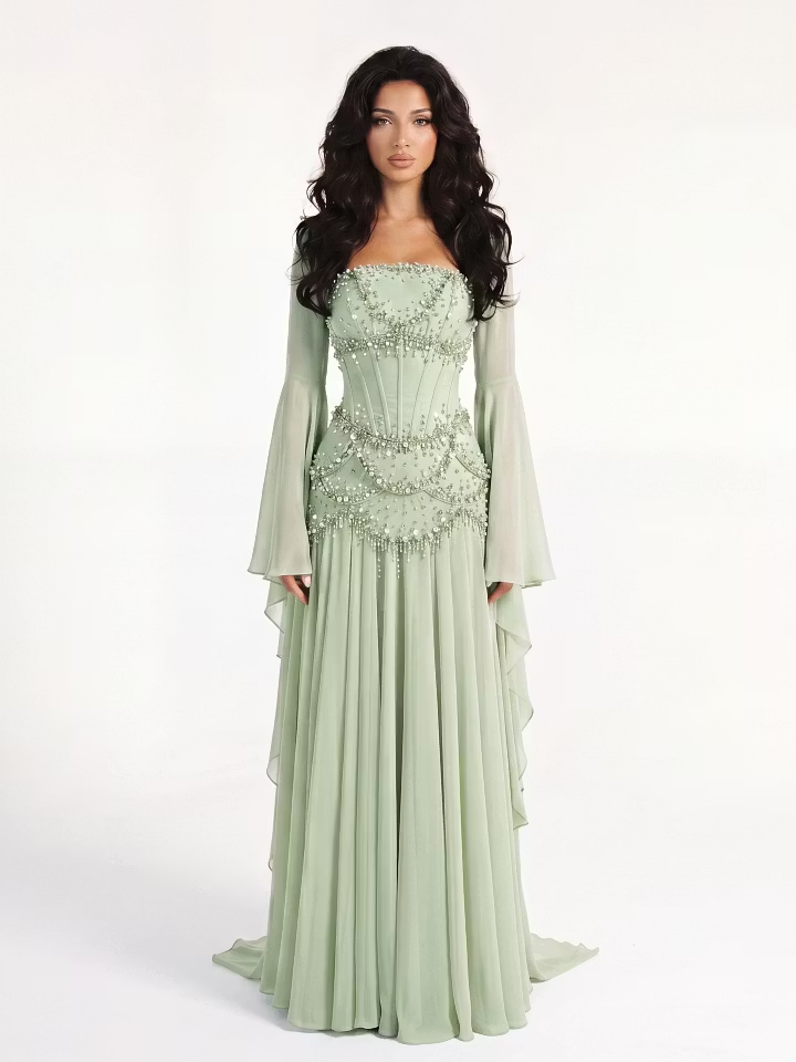 Cocoslly Strapless Sleeveless High Waist Long Prom Dress With Rhinstone | Dusty Sage Chiffon LX0090