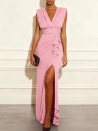 Red Ruffled Knit V Neck Sleeveless Sheath Maxi Dress