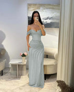 Cocoslly Satin Off-The-Shoulder Sleeveless Long Prom Dress With Pleated