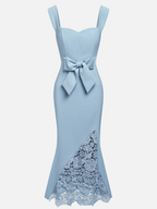 Light Blue Bow Lace Classic Sweetheart Neckline Sleeveless Mermaid Maxi Dress