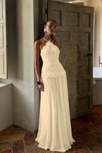 Cocoslly Halter Sleeveless High Waist Long Prom Dress With Appliques | White Chiffon YC0560