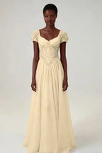 Cocoslly Short Sleeves High Waist Long Prom Dress With Rhinstone | Blushing Pink Chiffon LR0376
