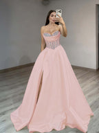 Satin Sweetheart Sleeveless Long Pleated A-Line Prom Dress With Rhinstone And Split YK0584