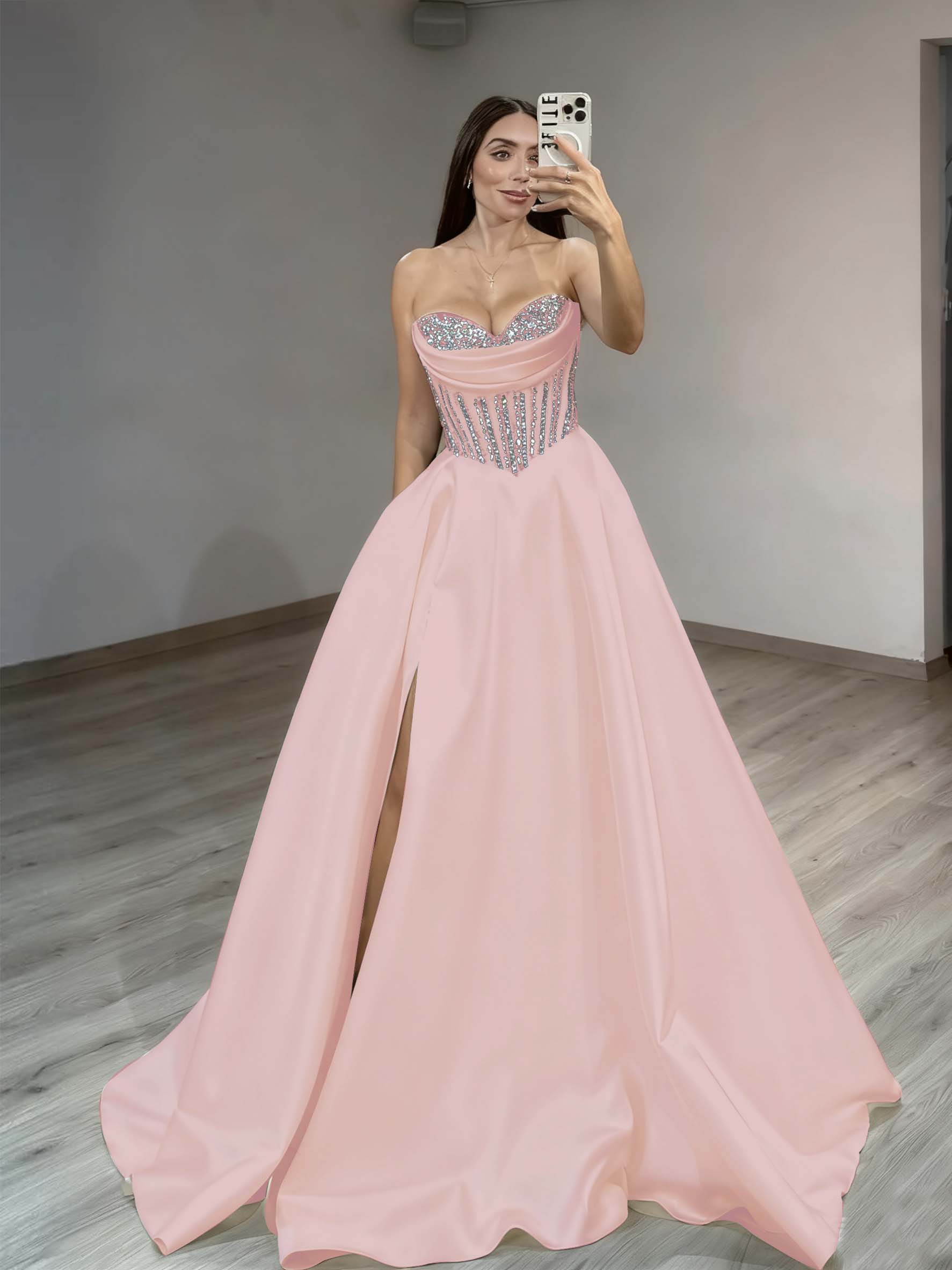 Satin Sweetheart Sleeveless Long Pleated A-Line Prom Dress With Rhinstone And Split YK0584