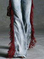 Vintage Urban Western Red Tassels Light-wash Slight-flare Jeans