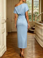 Women Blue Satin Buckle Asymmetrical Short Sleeve Dressy Top With Skirt Two-Piece Set