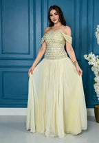 Cocoslly Off-The-Shoulder Sleeveless High Waist Long Prom Dress With Rhinstone | Champage Chiffon LR0566