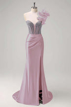 Satin V-Neck Strapless Sleeveless Long Pleated Mermaid Prom Dress With Rhinstone And High Split YK0320