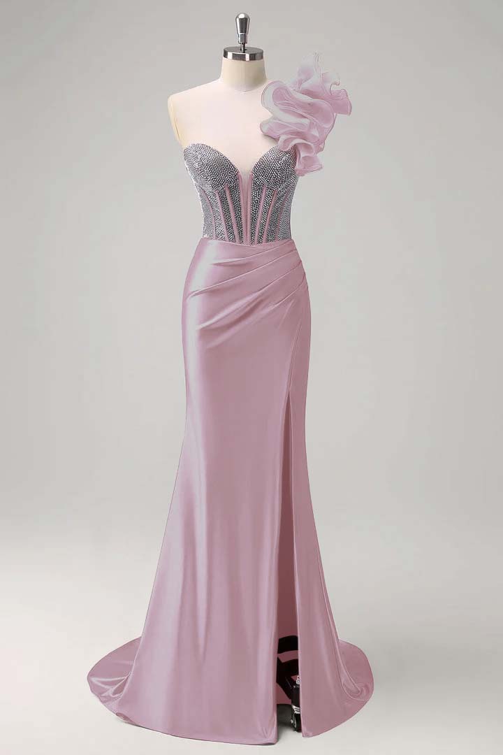 Satin V-Neck Strapless Sleeveless Long Pleated Mermaid Prom Dress With Rhinstone And High Split YK0320