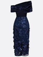Navy Blue 3D Floral Applique Classic Off The Shoulder Short Sleeve Sheath Midi Dress