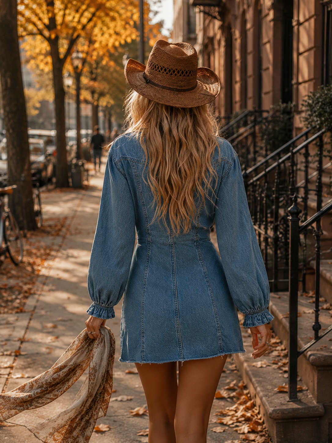 Vintage Western-style Blue Denim Collared Long-sleeve Mini Dress