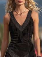 Retro V-neck Fringed Suede Sleeveless Mini Dress