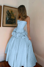 Cocoslly Strapless Sleeveless High Waist Long A Line Prom Dress With Flowers | Nude Pink Satin YC0415