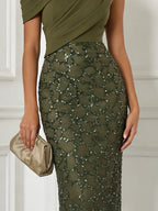 Olive Green Glitter Sequin Asymmetrical Sleeveless Sheath Maxi Dress