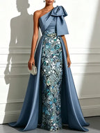 Blue Bow Satin One Shoulder Sleeveless A-Line Gown Dress