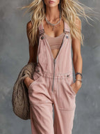 Retro Casual Western V-Neck Front-Zip Light Pink Denim Overalls Jumpsuit