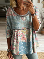 Women's Retro Floral In Patchwork Art Print Flowy Linen Blend Casual Tops
