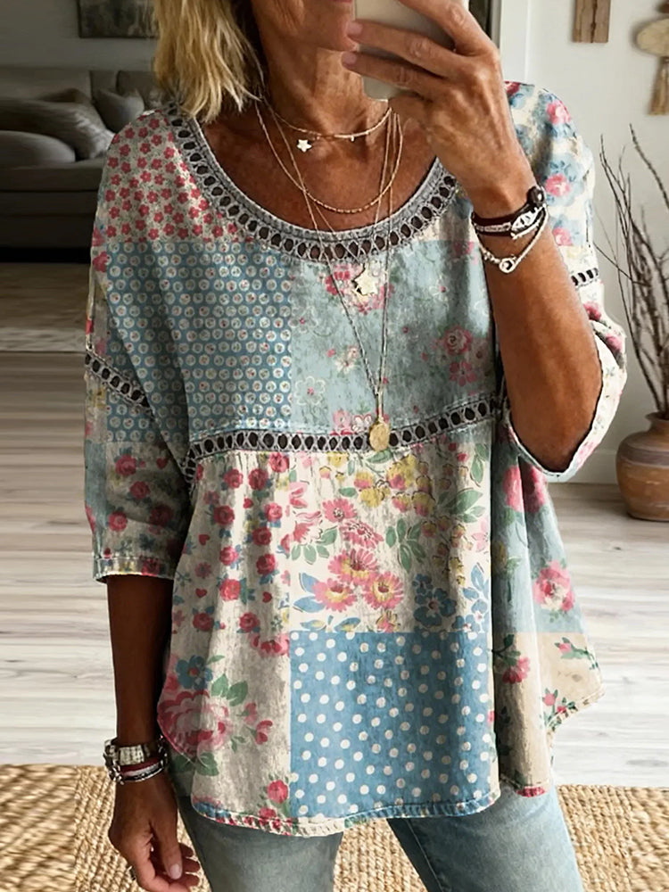 Women's Retro Floral In Patchwork Art Print Flowy Linen Blend Casual Tops