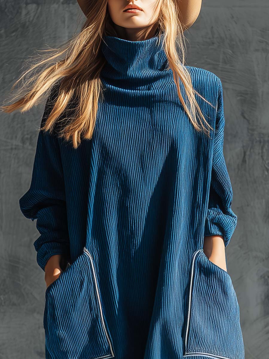 Casual Fashion Vintage High Collar Large Side Pockets Blue Corduroy Midi Dress