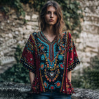 Women's Vintage Boho Nepal Ethnic Floral Art V-neck Shirt