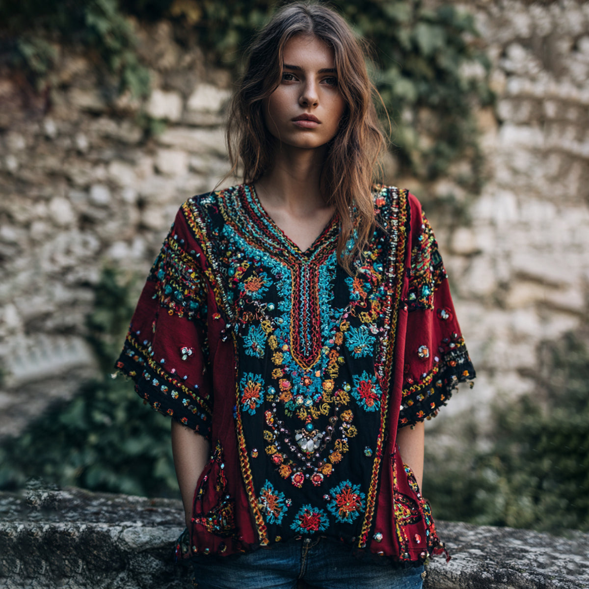 Women's Vintage Boho Nepal Ethnic Floral Art V-neck Shirt