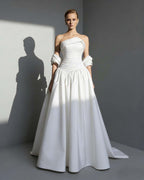 Satin Asymmetric Strapless Sleeveless Long Pleated A-Line Prom Dress With Beadings And Ruffles YK0766