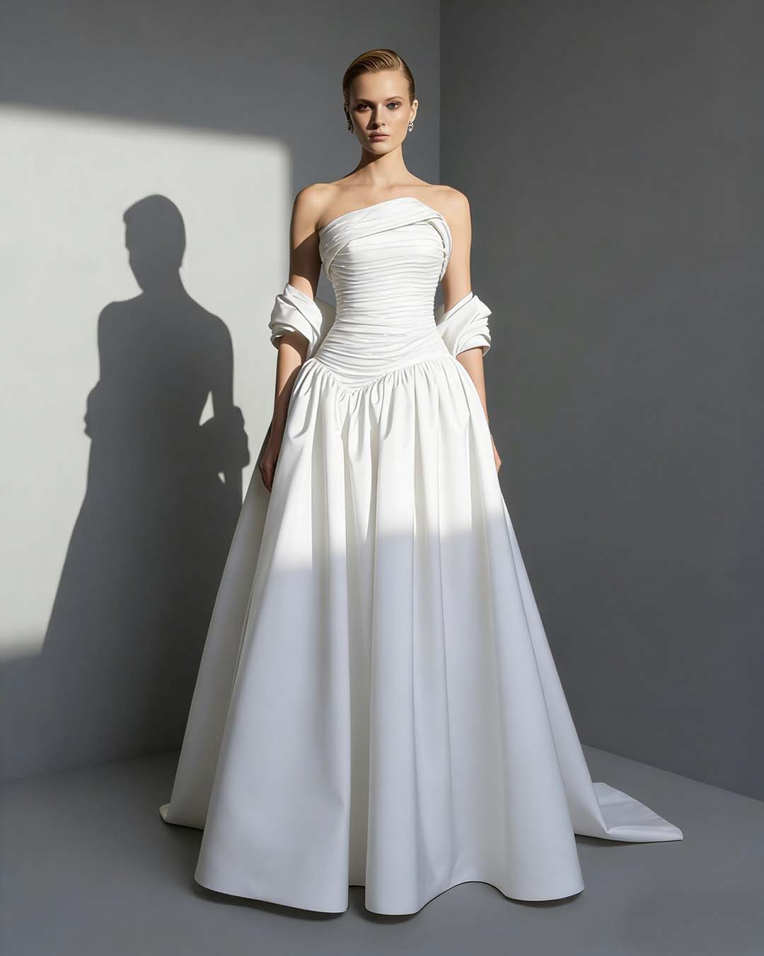 Satin Asymmetric Strapless Sleeveless Long Pleated A-Line Prom Dress With Beadings And Ruffles YK0766