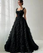 Tulle Square Neck Spaghetti Straps Sleeveless Long A-Line Prom Dress With Flower Appliques YK0613
