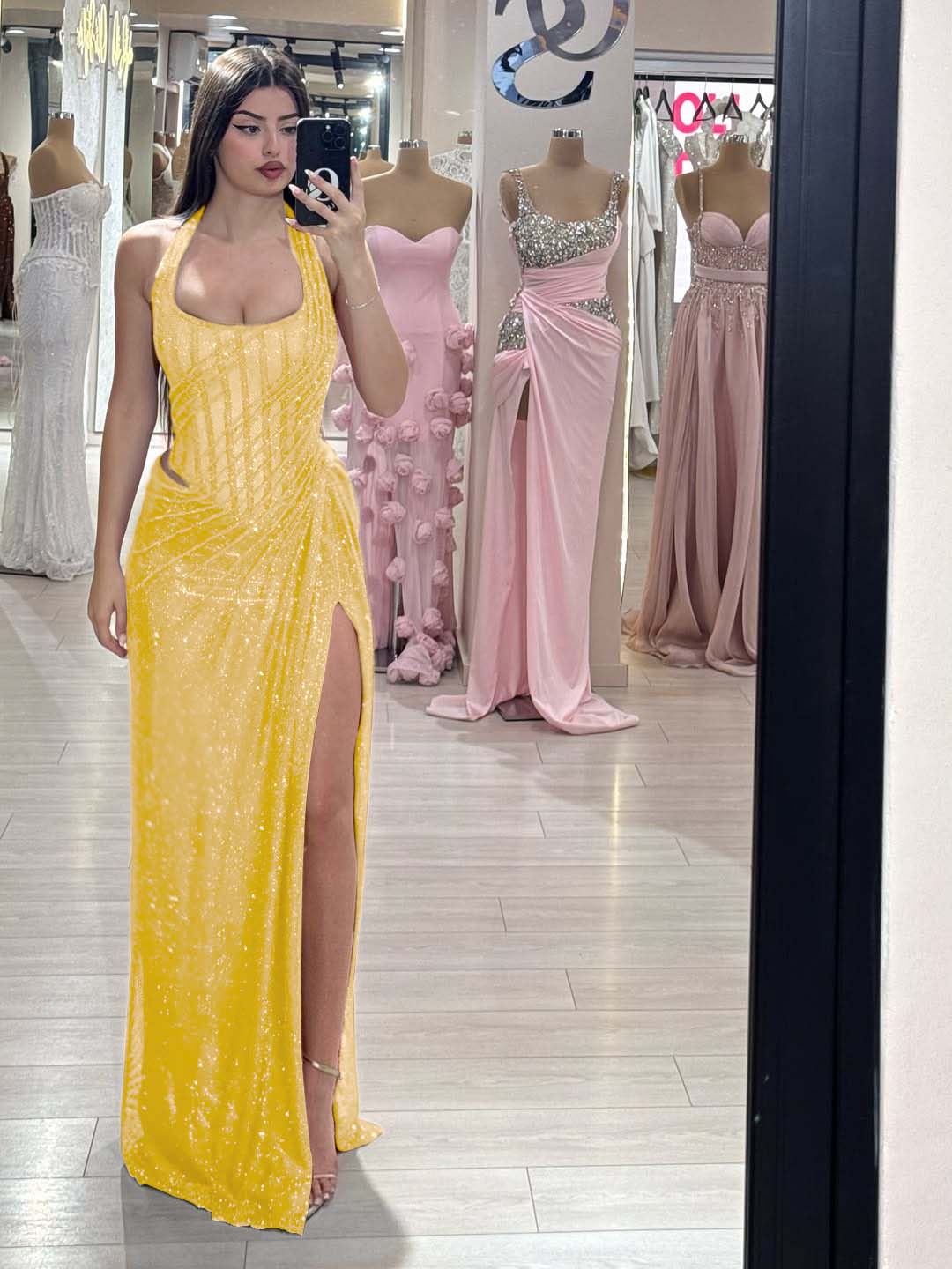 Sequins Halter Sleeveless Long Mermaid Prom Dress With Split YK0358