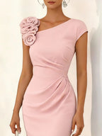Pink 3D Floral Ruched Knit Asymmetrical Short Sleeve Bodycon Midi Dress