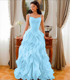 Tulle V-Neck Spaghetti Straps Strapless Sleeveless Long A-Line Prom Dress With Beadings And Pleated YK0761