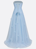 Light Blue 3D Floral Ruched Tulle Strapless Sleeveless A-Line Gown Dress