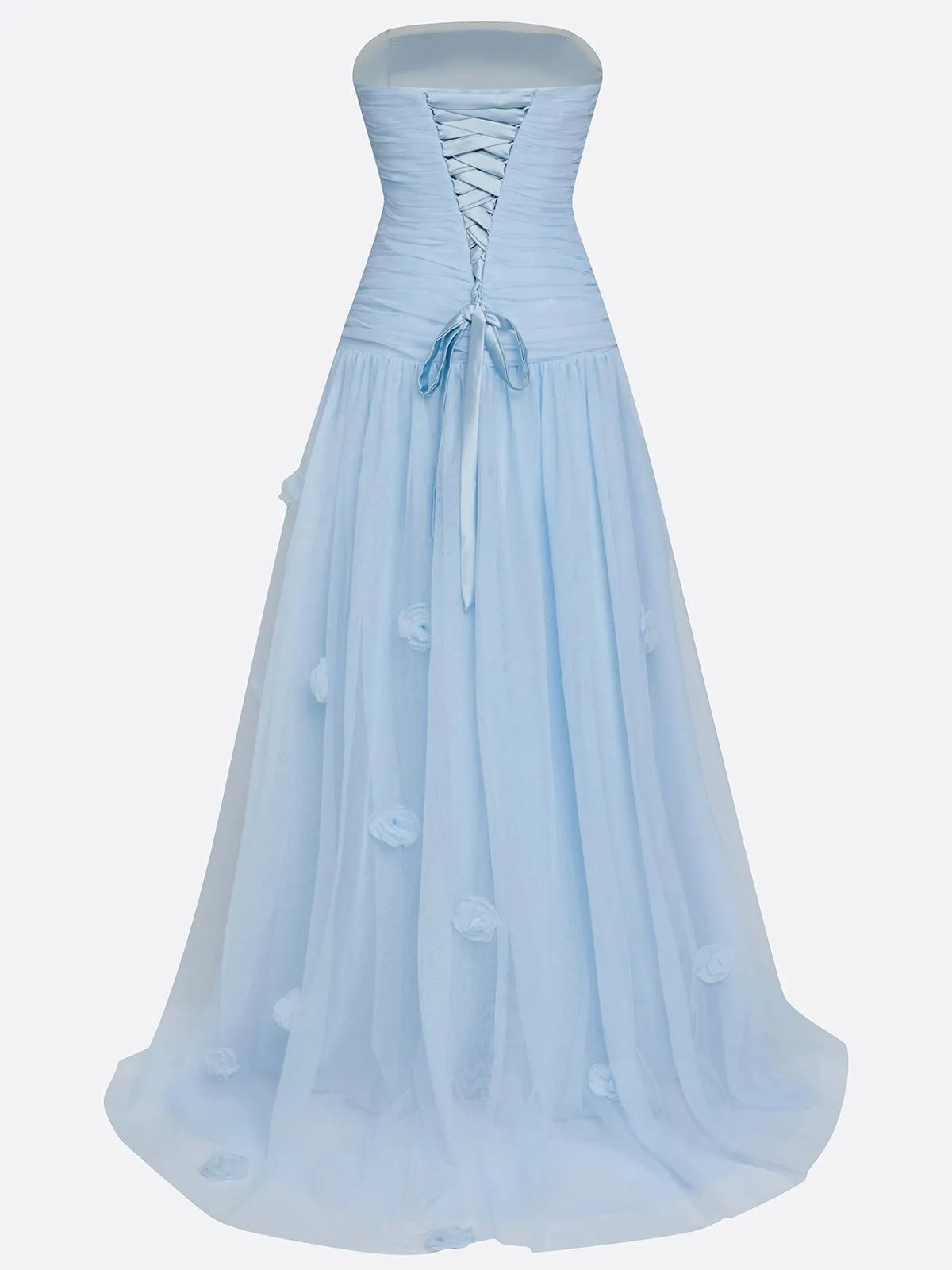 Light Blue 3D Floral Ruched Tulle Strapless Sleeveless A-Line Gown Dress