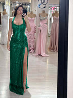 Sequins Halter Sleeveless Long Mermaid Prom Dress With Split YK0358