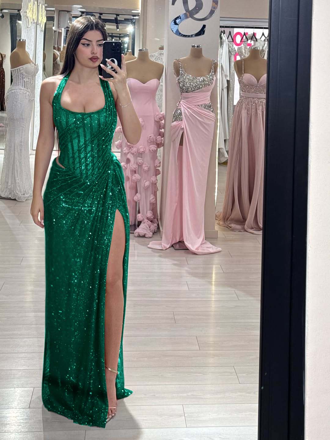 Sequins Halter Sleeveless Long Mermaid Prom Dress With Split YK0358