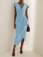 Green Cowl Neck Ruched Cap Sleeve Sheath Midi Dress