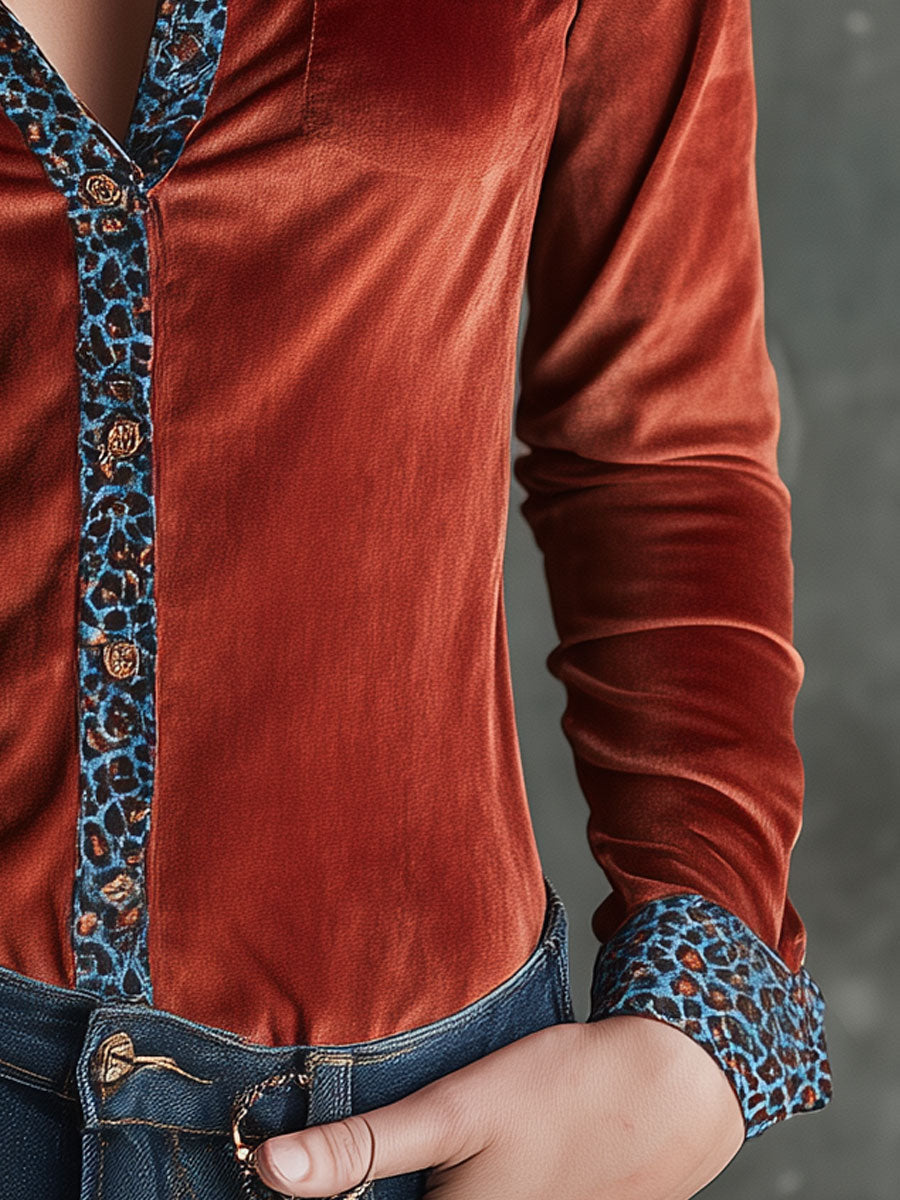 Vintage Blue Leopard Print Trim Rust Red Long-sleeved Velvet Shirt