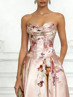 Pink Floral Satin Strapless Sleeveless A-Line Gown Dress