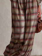 Vintage-style Elegant Reddish-brown Plaid Square-neck Long-sleeve Jumpsuit