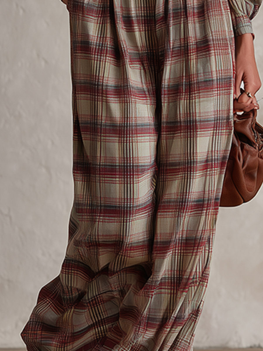 Vintage-style Elegant Reddish-brown Plaid Square-neck Long-sleeve Jumpsuit